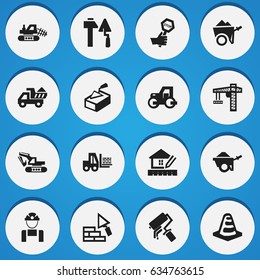 Set Of 16 Editable Structure Icons. Includes Symbols Such As Handcart , Facing, Notice Object. Can Be Used For Web, Mobile, UI And Infographic Design.