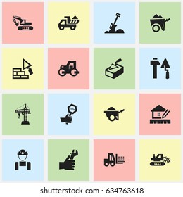 Set Of 16 Editable Structure Icons. Includes Symbols Such As Handcart , Employee , Camion. Can Be Used For Web, Mobile, UI And Infographic Design.