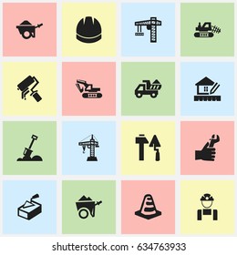 Set Of 16 Editable Structure Icons. Includes Symbols Such As Excavation Machine , Handcart , Oar. Can Be Used For Web, Mobile, UI And Infographic Design.