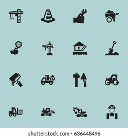 Set Of 16 Editable Structure Icons. Includes Symbols Such As Construction Tools, Elevator, Truck And More. Can Be Used For Web, Mobile, UI And Infographic Design.