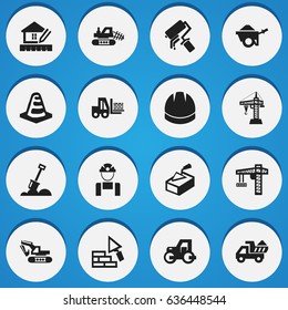 Set Of 16 Editable Structure Icons. Includes Symbols Such As Oar, Employee, Excavation Machine And More. Can Be Used For Web, Mobile, UI And Infographic Design.