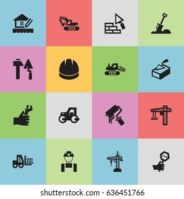 Set Of 16 Editable Structure Icons. Includes Symbols Such As Home Scheduling, Lifting Equipment, Excavation Machine And More. Can Be Used For Web, Mobile, UI And Infographic Design.