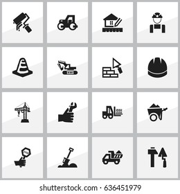 Set Of 16 Editable Structure Icons. Includes Symbols Such As Handcart , Facing, Excavation Machine. Can Be Used For Web, Mobile, UI And Infographic Design.