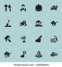 Set Of 16 Editable Structure Icons. Includes Symbols Such As Trolley, Caterpillar, Oar And More. Can Be Used For Web, Mobile, UI And Infographic Design.