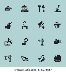 Set Of 16 Editable Structure Icons. Includes Symbols Such As Excavation Machine, Lifting Equipment, Employee And More. Can Be Used For Web, Mobile, UI And Infographic Design.