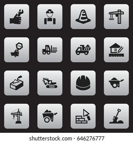 Set Of 16 Editable Structure Icons. Includes Symbols Such As Facing, Employee, Hardhat And More. Can Be Used For Web, Mobile, UI And Infographic Design.