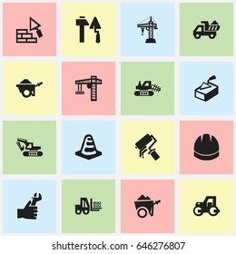 Set Of 16 Editable Structure Icons. Includes Symbols Such As Notice Object, Excavation Machine, Caterpillar And More. Can Be Used For Web, Mobile, UI And Infographic Design.