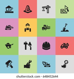 Set Of 16 Editable Structure Icons. Includes Symbols Such As Excavation Machine, Camion, Notice Object And More. Can Be Used For Web, Mobile, UI And Infographic Design.