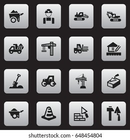 Set Of 16 Editable Structure Icons. Includes Symbols Such As Construction Tools, Camion, Facing And More. Can Be Used For Web, Mobile, UI And Infographic Design.