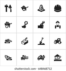 Set Of 16 Editable Structure Icons. Includes Symbols Such As Truck, Excavation Machine, Endurance And More. Can Be Used For Web, Mobile, UI And Infographic Design.