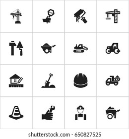 Set Of 16 Editable Structure Icons. Includes Symbols Such As Hardhat, Home Scheduling, Scrub And More. Can Be Used For Web, Mobile, UI And Infographic Design.