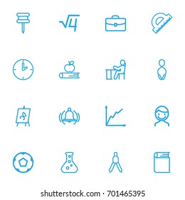 Set Of 16 Editable Teach Outline Icons. Includes Symbols Such As Encyclopedia, Ring, Dividers And More. Can Be Used For Web, Mobile, UI And Infographic Design.