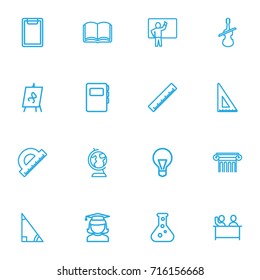 Set Of 16 Editable Teach Outline Icons. Includes Symbols Such As Graduate, Dictionary, Children And More. Can Be Used For Web, Mobile, UI And Infographic Design.