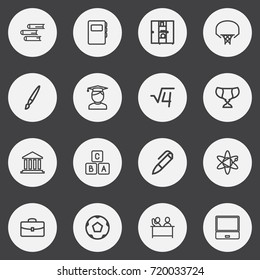 Set Of 16 Editable Teach Outline Icons. Includes Symbols Such As Ball, Bookcase, Goblet And More. Can Be Used For Web, Mobile, UI And Infographic Design.