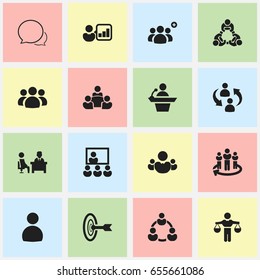 Set Of 16 Editable Team Icons. Includes Symbols Such As Team, Meeting, Friendship And More. Can Be Used For Web, Mobile, UI And Infographic Design.