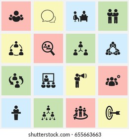 Set Of 16 Editable Team Icons. Includes Symbols Such As Friendship, Conversation, Human Resouces And More. Can Be Used For Web, Mobile, UI And Infographic Design.