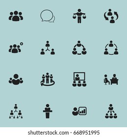 Set Of 16 Editable Team Icons. Includes Symbols Such As Corporate, Leadership, Hierarchy And More. Can Be Used For Web, Mobile, UI And Infographic Design.