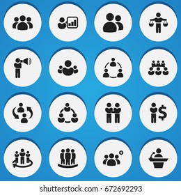 Set Of 16 Editable Team Icons. Includes Symbols Such As Talking Man, Introducing, Partnership And More. Can Be Used For Web, Mobile, UI And Infographic Design.