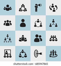 Set Of 16 Editable Team Icons. Includes Symbols Such As Publicity, Team, Hierarchy And More. Can Be Used For Web, Mobile, UI And Infographic Design.