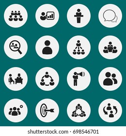 Set Of 16 Editable Team Icons. Includes Symbols Such As Meeting, Speaker, Debate And More. Can Be Used For Web, Mobile, UI And Infographic Design. svg