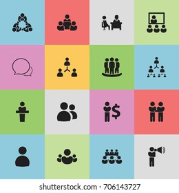 Set Of 16 Editable Team Icons. Includes Symbols Such As Commander, Meeting, Command. Can Be Used For Web, Mobile, UI And Infographic Design.