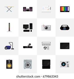 Set Of 16 Editable Tech Flat Icons. Includes Symbols Such As Notebook, Cassette Player, Camera And More. Can Be Used For Web, Mobile, UI And Infographic Design.