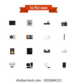 Set of 16 editable tech icons flat style. Includes symbols such as karaoke system, laptop, dressmaking and more. Can be used for web, mobile, UI and infographic design.