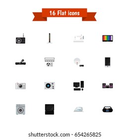 Set Of 16 Editable Tech Icons. Includes Symbols Such As Personal Computer, Tuner, Cellphone And More. Can Be Used For Web, Mobile, UI And Infographic Design.