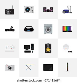 Set Of 16 Editable Tech Icons. Includes Symbols Such As Antenna, Palmtop, Turntable And More. Can Be Used For Web, Mobile, UI And Infographic Design.