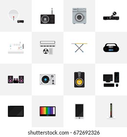 Set Of 16 Editable Tech Icons. Includes Symbols Such As Microphone, Turntable, Screen And More. Can Be Used For Web, Mobile, UI And Infographic Design.