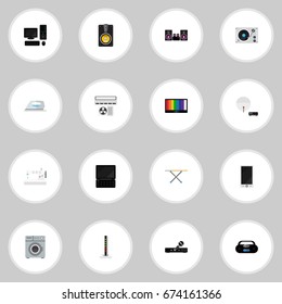Set Of 16 Editable Tech Icons. Includes Symbols Such As Appliance, Turntable, Cassette Player And More. Can Be Used For Web, Mobile, UI And Infographic Design.