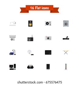 Set Of 16 Editable Tech Icons. Includes Symbols Such As Turntable, Laundromat, Ventilation And More. Can Be Used For Web, Mobile, UI And Infographic Design.