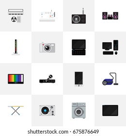 Set Of 16 Editable Tech Icons. Includes Symbols Such As Palmtop, Sweeper, Personal Computer And More. Can Be Used For Web, Mobile, UI And Infographic Design.