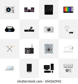 Set Of 16 Editable Technology Icons. Includes Symbols Such As Cassette Player, Antenna, Microphone And More. Can Be Used For Web, Mobile, UI And Infographic Design.