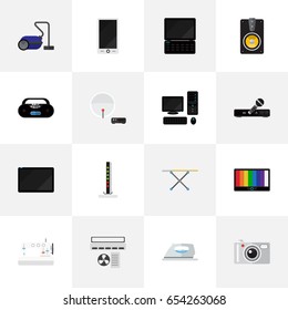 Set Of 16 Editable Technology Icons. Includes Symbols Such As Microphone, Appliance, Screen And More. Can Be Used For Web, Mobile, UI And Infographic Design.