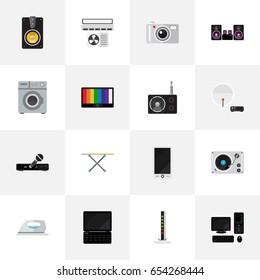 Set Of 16 Editable Technology Icons. Includes Symbols Such As Turntable, Modem, Microphone And More. Can Be Used For Web, Mobile, UI And Infographic Design.