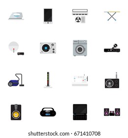 Set Of 16 Editable Technology Icons. Includes Symbols Such As Notebook, Stereo System, Sewing Machine And More. Can Be Used For Web, Mobile, UI And Infographic Design.