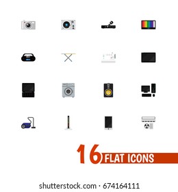 Set Of 16 Editable Technology Icons. Includes Symbols Such As Laundromat, Modem, Cloth Iron And More. Can Be Used For Web, Mobile, UI And Infographic Design.