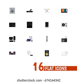 Set Of 16 Editable Technology Icons. Includes Symbols Such As Megaphone, Personal Computer, Sewing Machine And More. Can Be Used For Web, Mobile, UI And Infographic Design.
