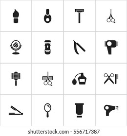 Set Of 16 Editable Tonsorial Artist Icons. Includes Symbols Such As Hairdresser Set, Peeper, Scent And More. Can Be Used For Web, Mobile, UI And Infographic Design.
