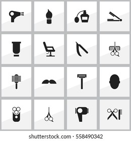 Set Of 16 Editable Tonsorial Artist Icons. Includes Symbols Such As Blade, Cutter Apparatus, Whiskers And More. Can Be Used For Web, Mobile, UI And Infographic Design.