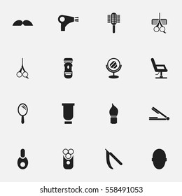 Set Of 16 Editable Tonsorial Artist Icons. Includes Symbols Such As Vial, Shaving, Brains And More. Can Be Used For Web, Mobile, UI And Infographic Design.