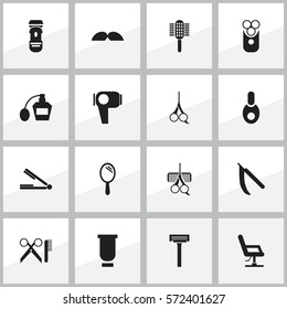 Set Of 16 Editable Tonsorial Artist Icons. Includes Symbols Such As Container, Hairdresser Set, Whiskers And More. Can Be Used For Web, Mobile, UI And Infographic Design.