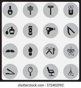 Set Of 16 Editable Tonsorial Artist Icons. Includes Symbols Such As Blade, Charger, Scrub And More. Can Be Used For Web, Mobile, UI And Infographic Design.