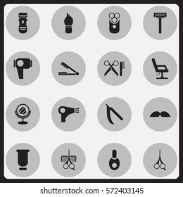 Set Of 16 Editable Tonsorial Artist Icons. Includes Symbols Such As Container, Peeper, Hairdresser Set And More. Can Be Used For Web, Mobile, UI And Infographic Design.