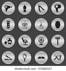 Set Of 16 Editable Tonsorial Artist Icons. Includes Symbols Such As Elbow Chair, Desiccator, Shaver And More. Can Be Used For Web, Mobile, UI And Infographic Design.