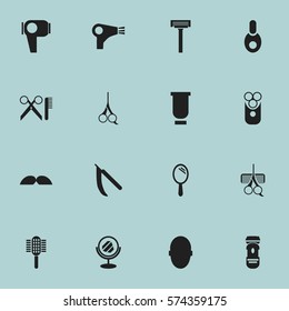 Set Of 16 Editable Tonsorial Artist Icons. Includes Symbols Such As Cutter Apparatus, Blade, Brains And More. Can Be Used For Web, Mobile, UI And Infographic Design.