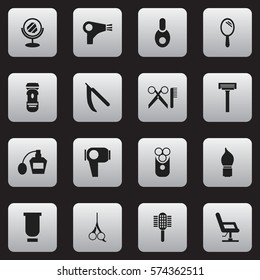 Set Of 16 Editable Tonsorial Artist Icons. Includes Symbols Such As Scent, Cut Tool, Blade And More. Can Be Used For Web, Mobile, UI And Infographic Design.