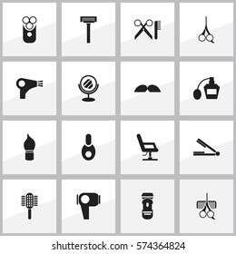 Set Of 16 Editable Tonsorial Artist Icons. Includes Symbols Such As Charger, Hairdresser Set, Cut Tool And More. Can Be Used For Web, Mobile, UI And Infographic Design.