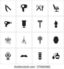 Set Of 16 Editable Tonsorial Artist Icons. Includes Symbols Such As Peeper, Shaving, Whiskers And More. Can Be Used For Web, Mobile, UI And Infographic Design.